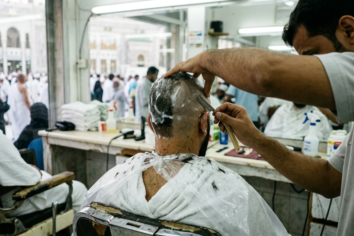 Pilgrim having head shaved after completing Umrah rites near Masjid al-Haram