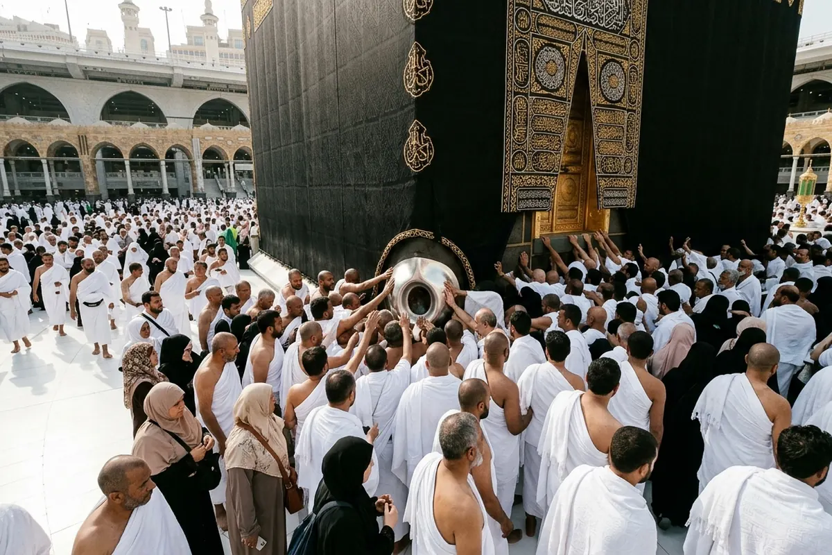 The Black Stone (Hajar al-Aswad) in its silver frame at the corner of the Kaaba
