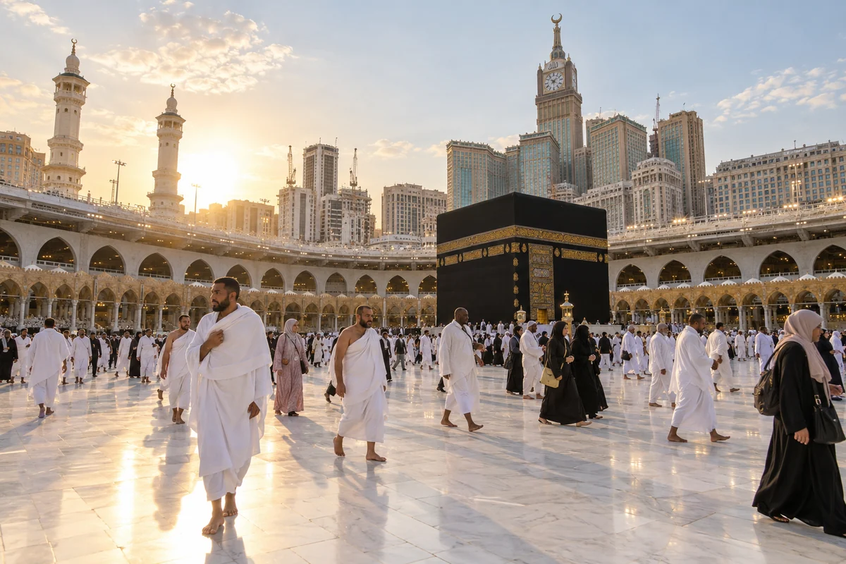 Pilgrims in ihram walking across the marble courtyard of Masjid al-Haram at sunrise, the Kaaba behind them