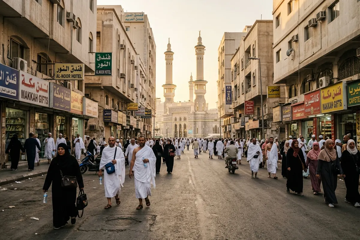 Pilgrims walking along a shop-lined street towards a mosque's minarets