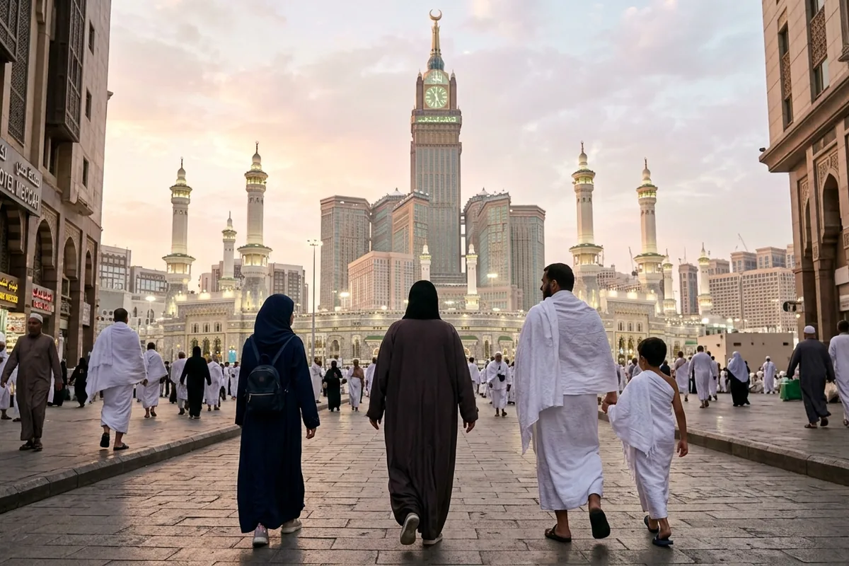 A family walking along a paved street towards minarets and the Makkah Clock Tower