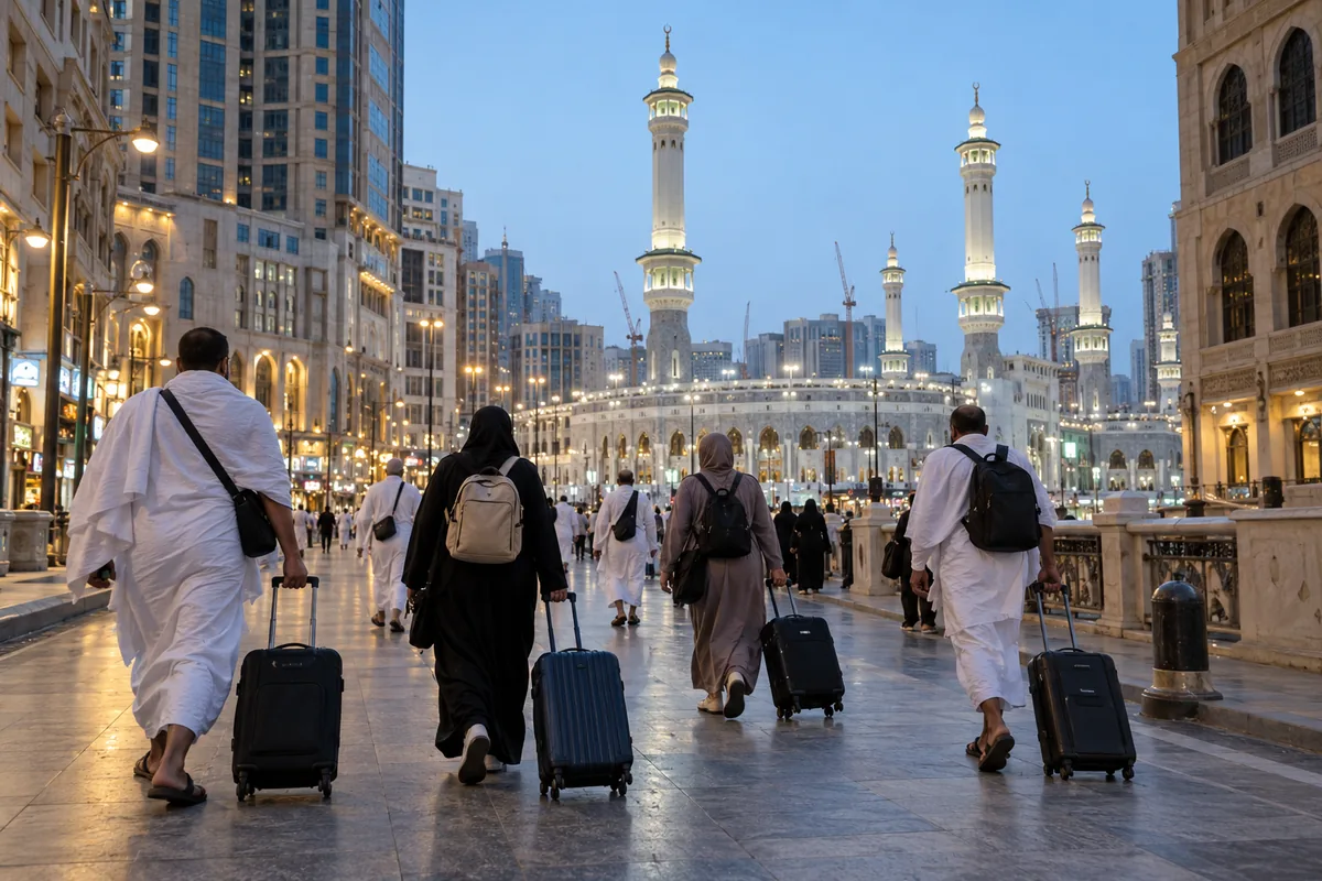 Pilgrims pulling suitcases along a street towards a mosque with lit minarets at dusk