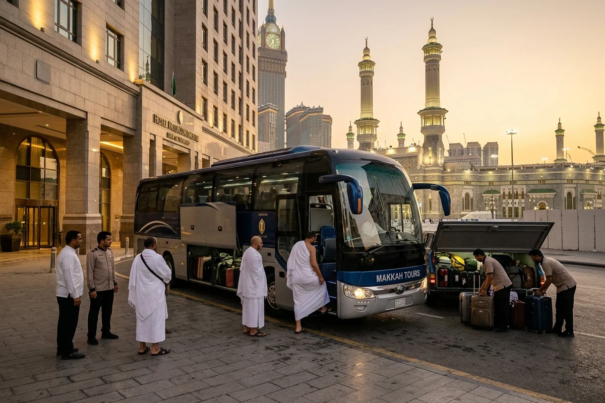 A coach parked outside a hotel entrance, with pilgrims and their luggage beside it and minarets behind