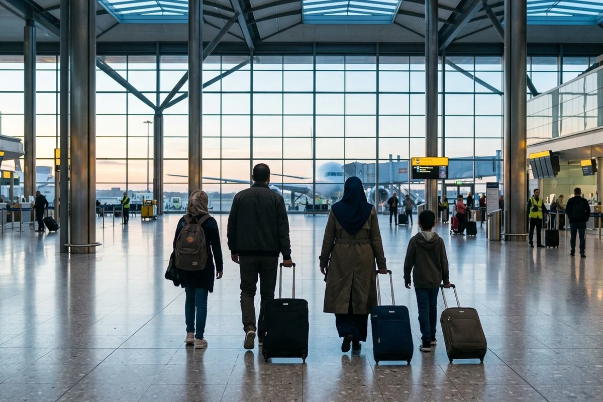 A family with suitcases walking through a glass-roofed airport terminal, seen from behind