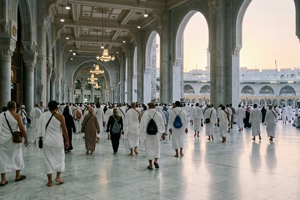 Pilgrims in ihram walking along the colonnade of Masjid al-Haram
