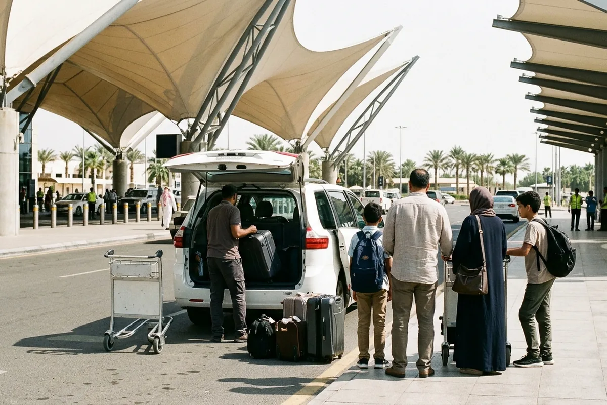 A driver loading a family's suitcases into a private minivan at Jeddah airport