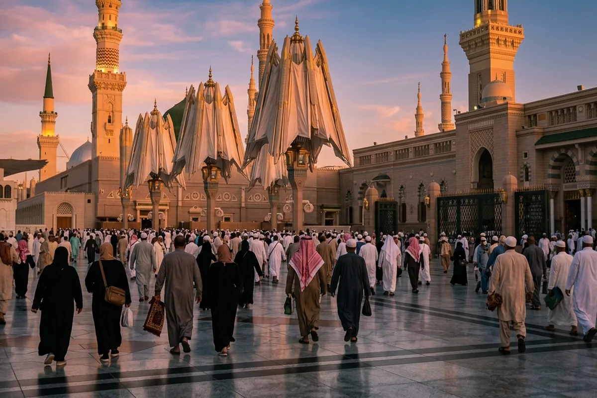 The courtyard umbrellas of Masjid an-Nabawi at sunset