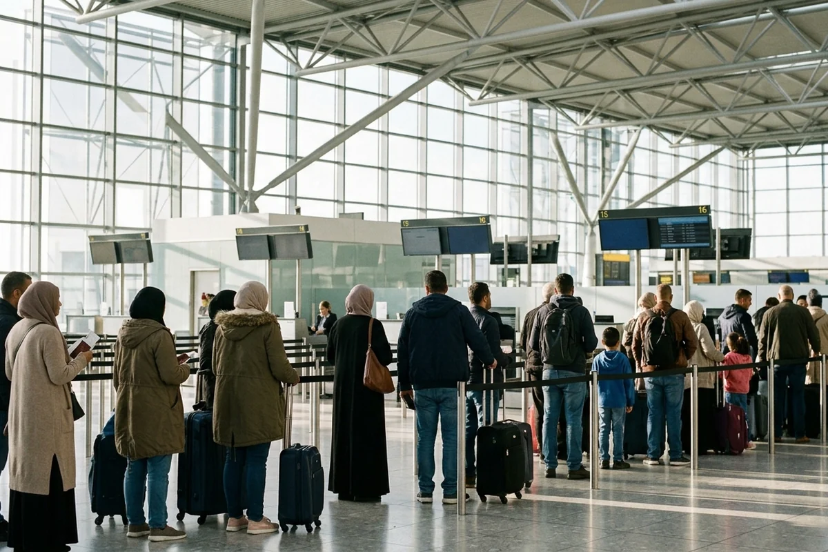 Travellers queuing at an airport check-in desk