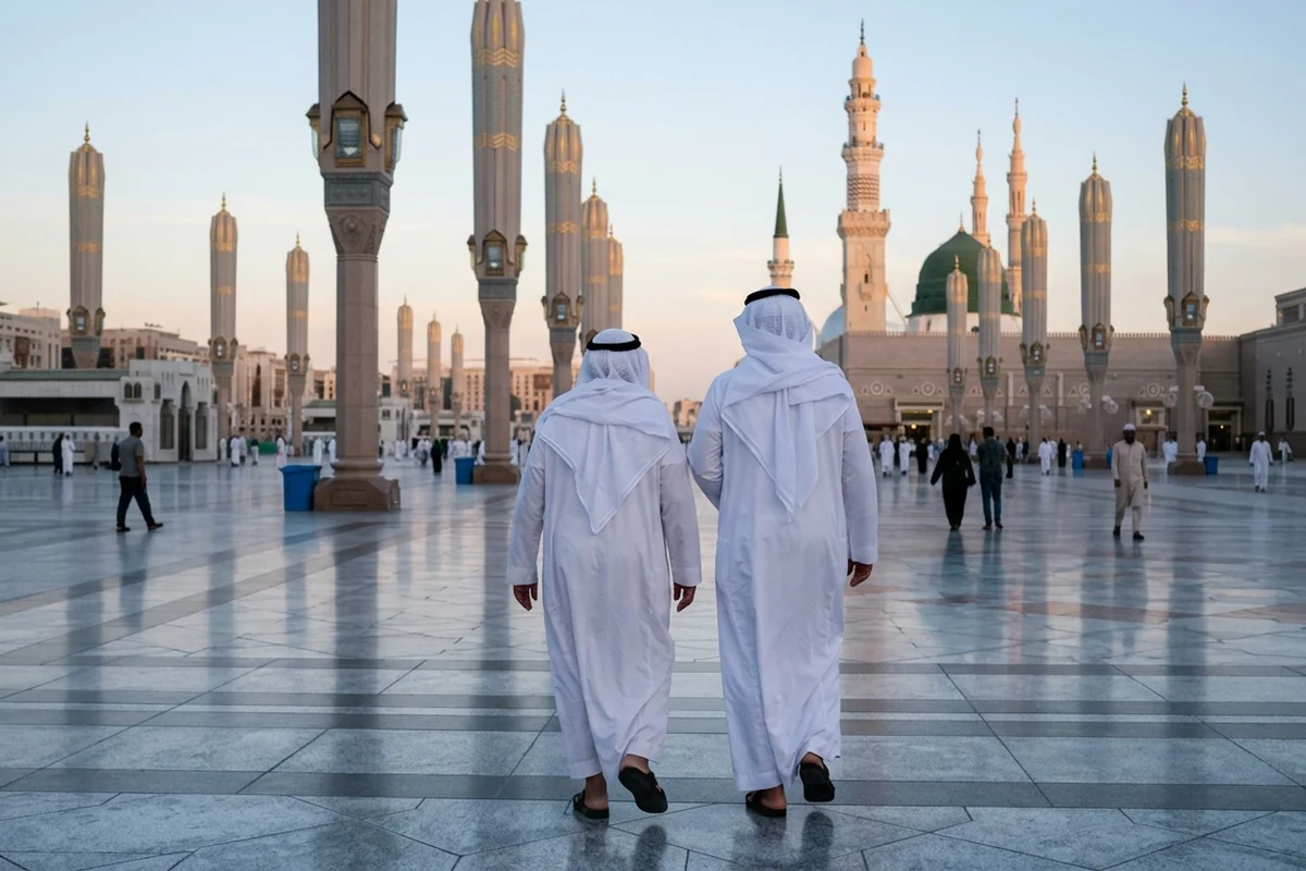 A father and son walking through the courtyard of Masjid an-Nabawi