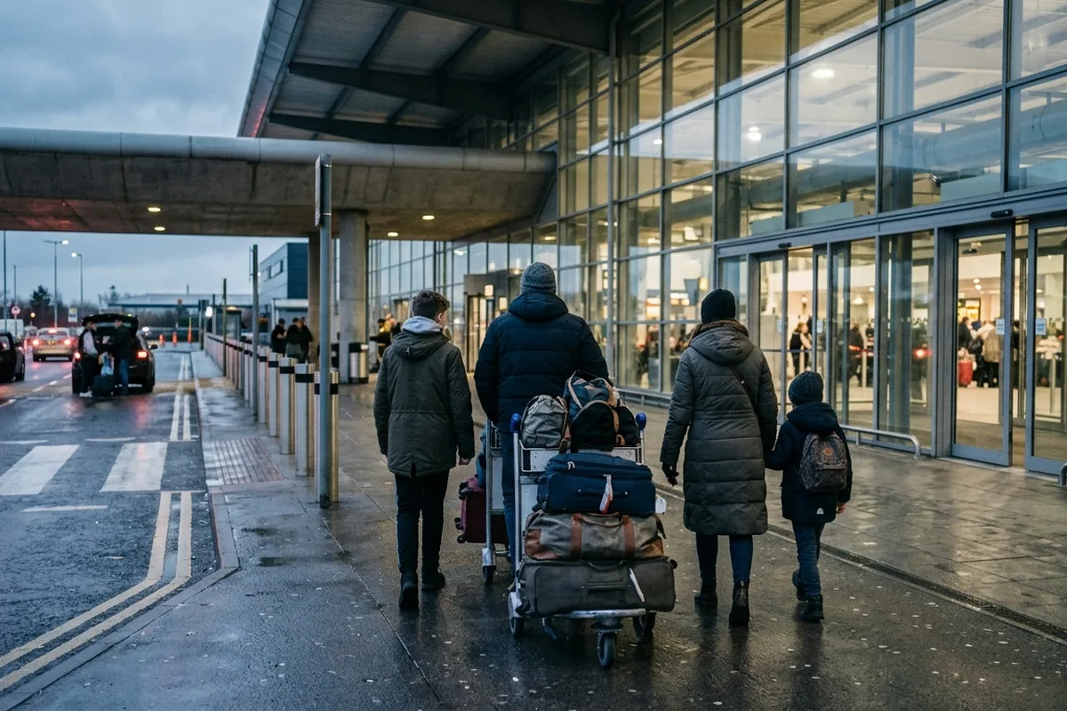 A family pushing a luggage trolley into a UK airport terminal