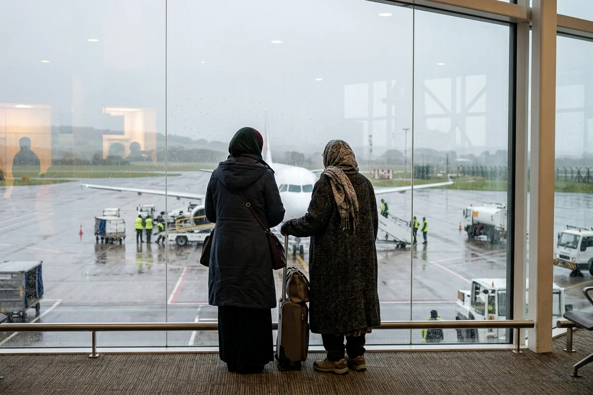 Two women watching an aircraft from a UK airport departure window