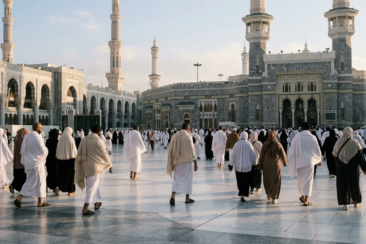 Pilgrims crossing the courtyard of Masjid al-Haram on a winter morning
