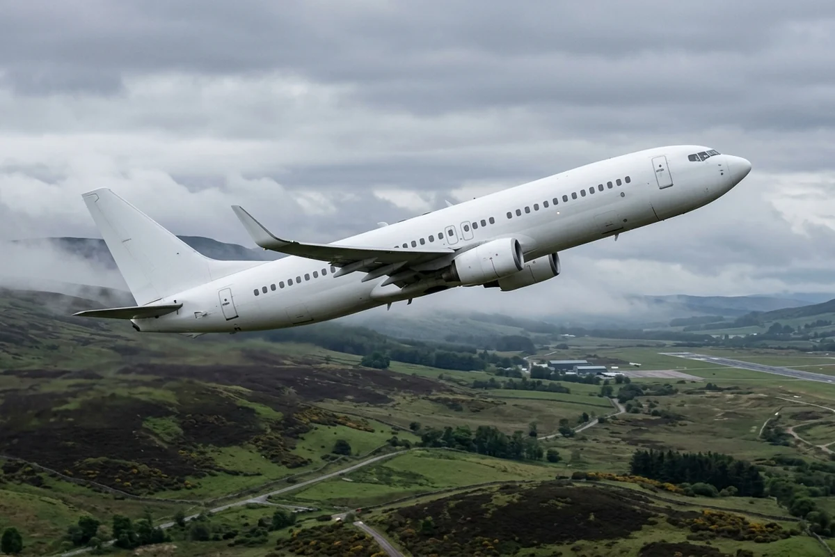 A passenger jet climbing over green Scottish hills