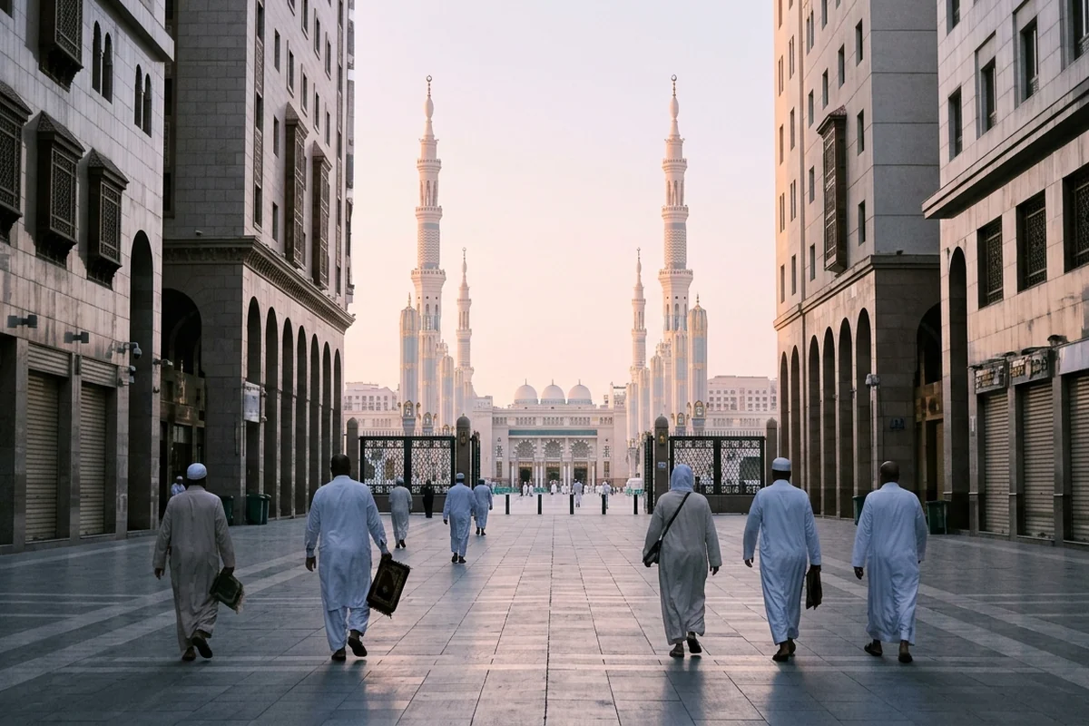 Pilgrims walking toward the minarets of Masjid an-Nabawi at sunrise