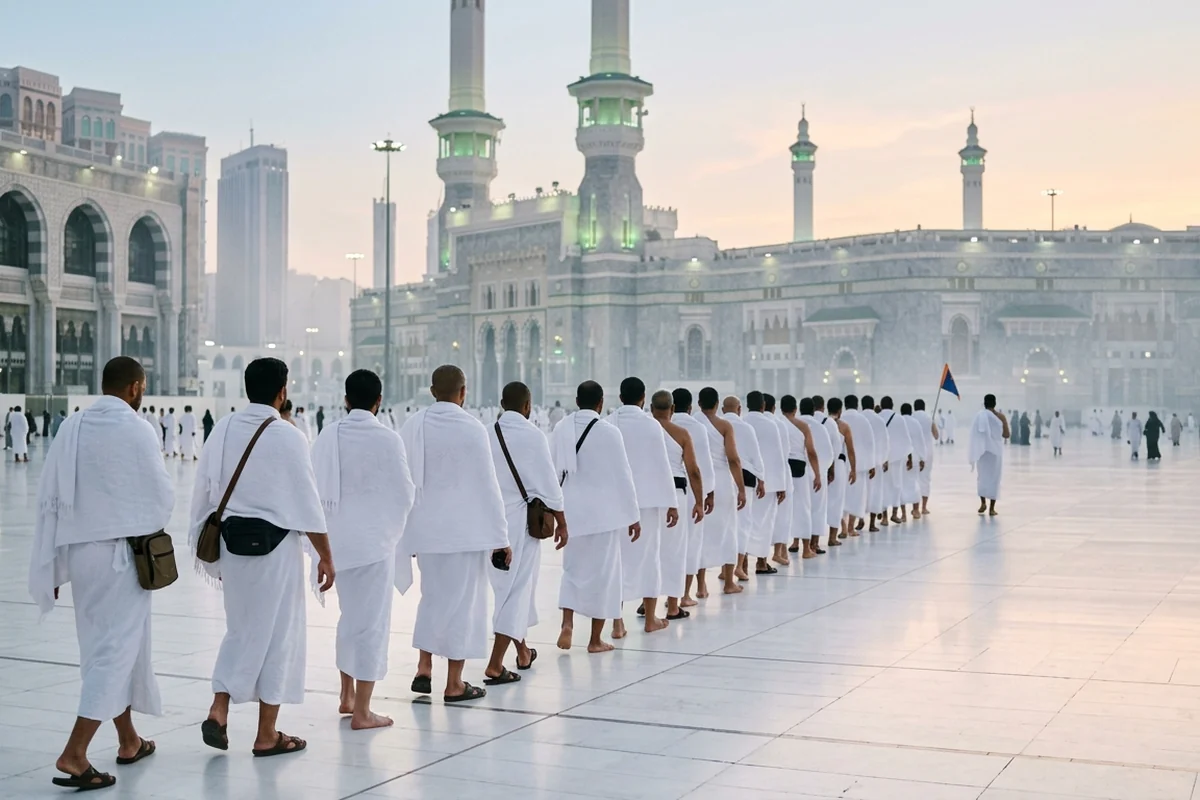 A group of pilgrims in ihram walking together across the courtyard of Masjid al-Haram