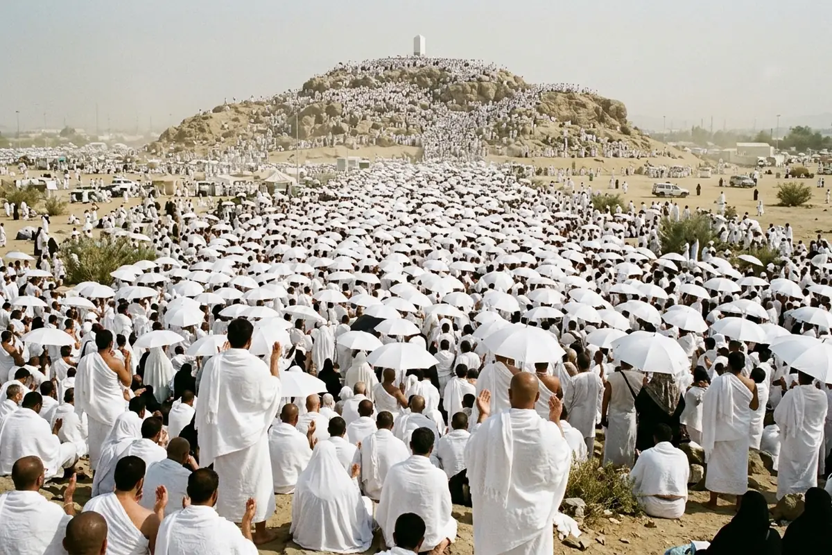 Pilgrims gathered in worship on the plain of Arafat during Hajj