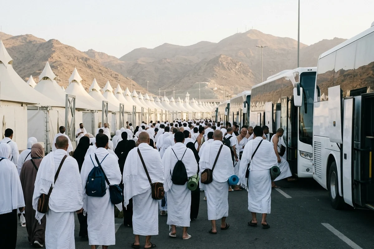 Hajj pilgrims boarding coaches beside the tents of Mina