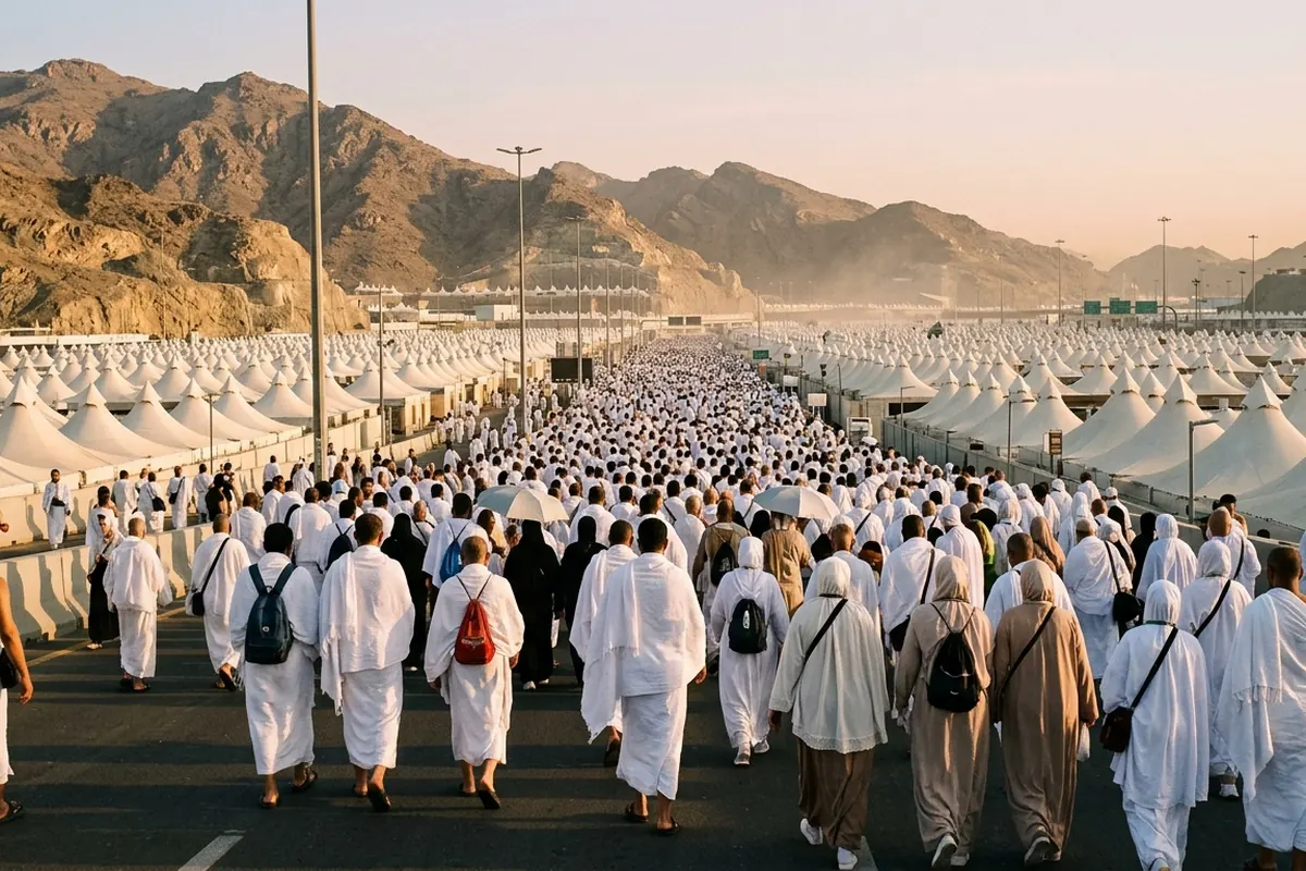 Hajj pilgrims walking through Mina between rows of white tents