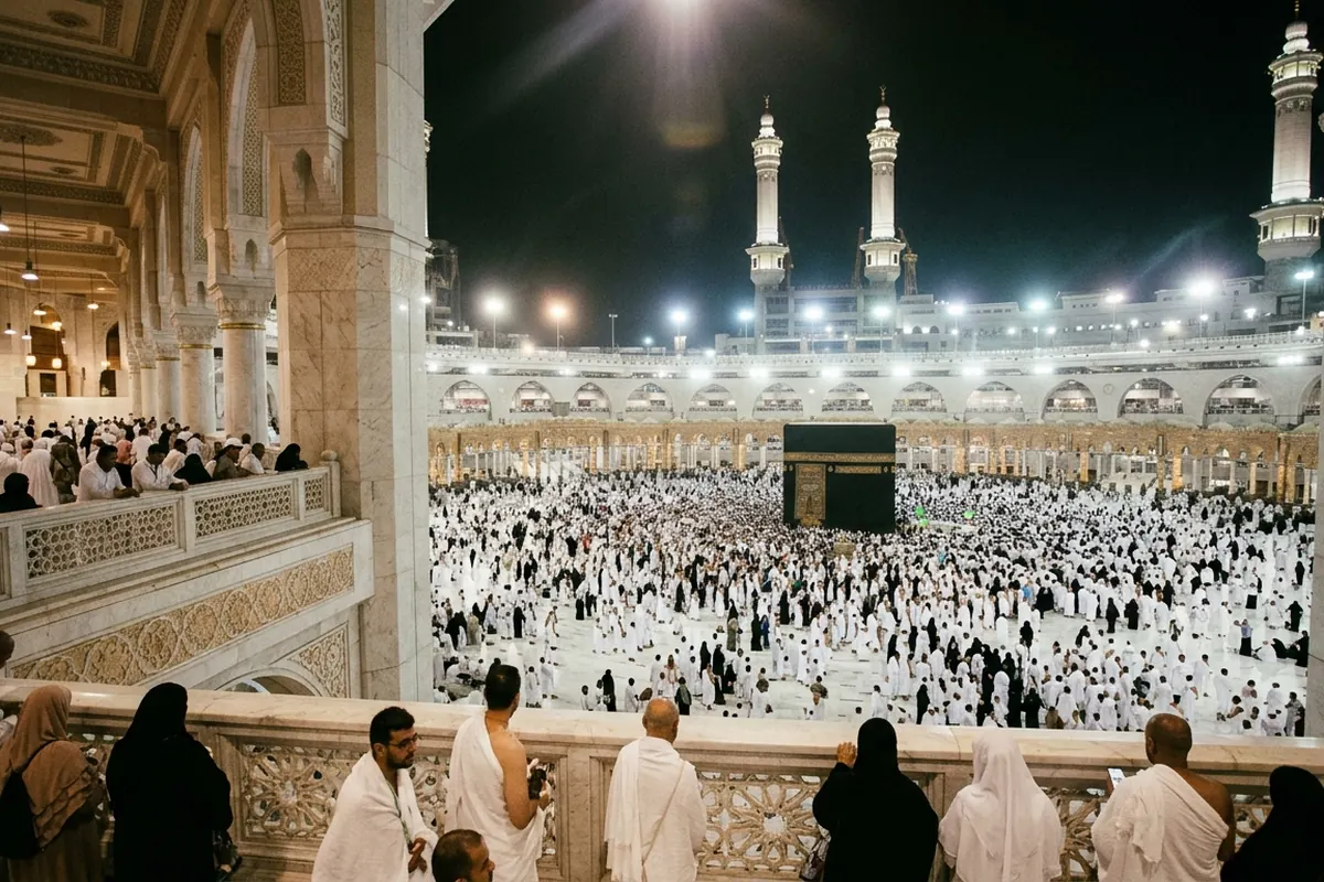 Pilgrims performing tawaf at night, seen from the upper floor of Masjid al-Haram