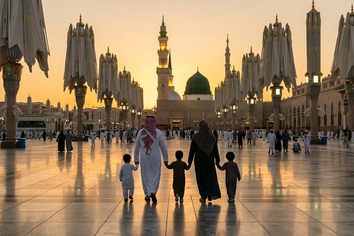 A family walking toward Masjid an-Nabawi at sunset