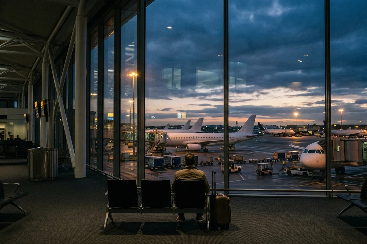 A traveller watching aircraft at a London airport at dusk