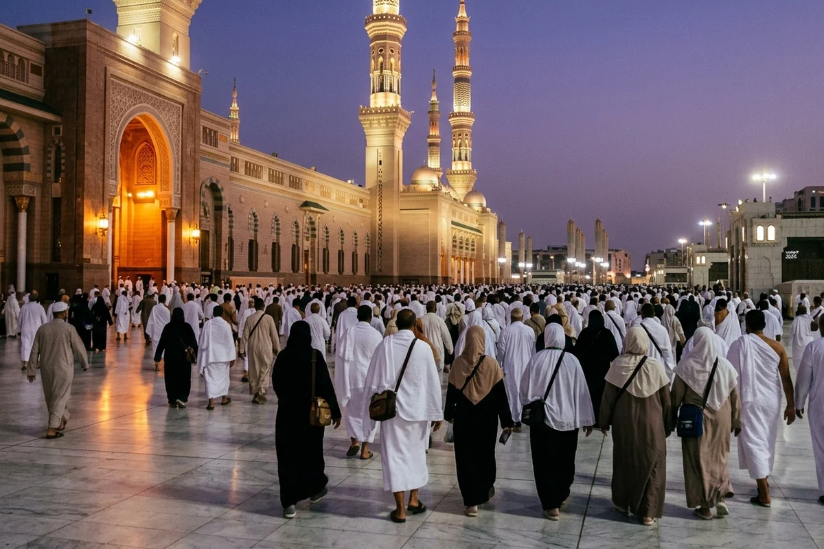 Pilgrims leaving Masjid al-Haram after Maghrib