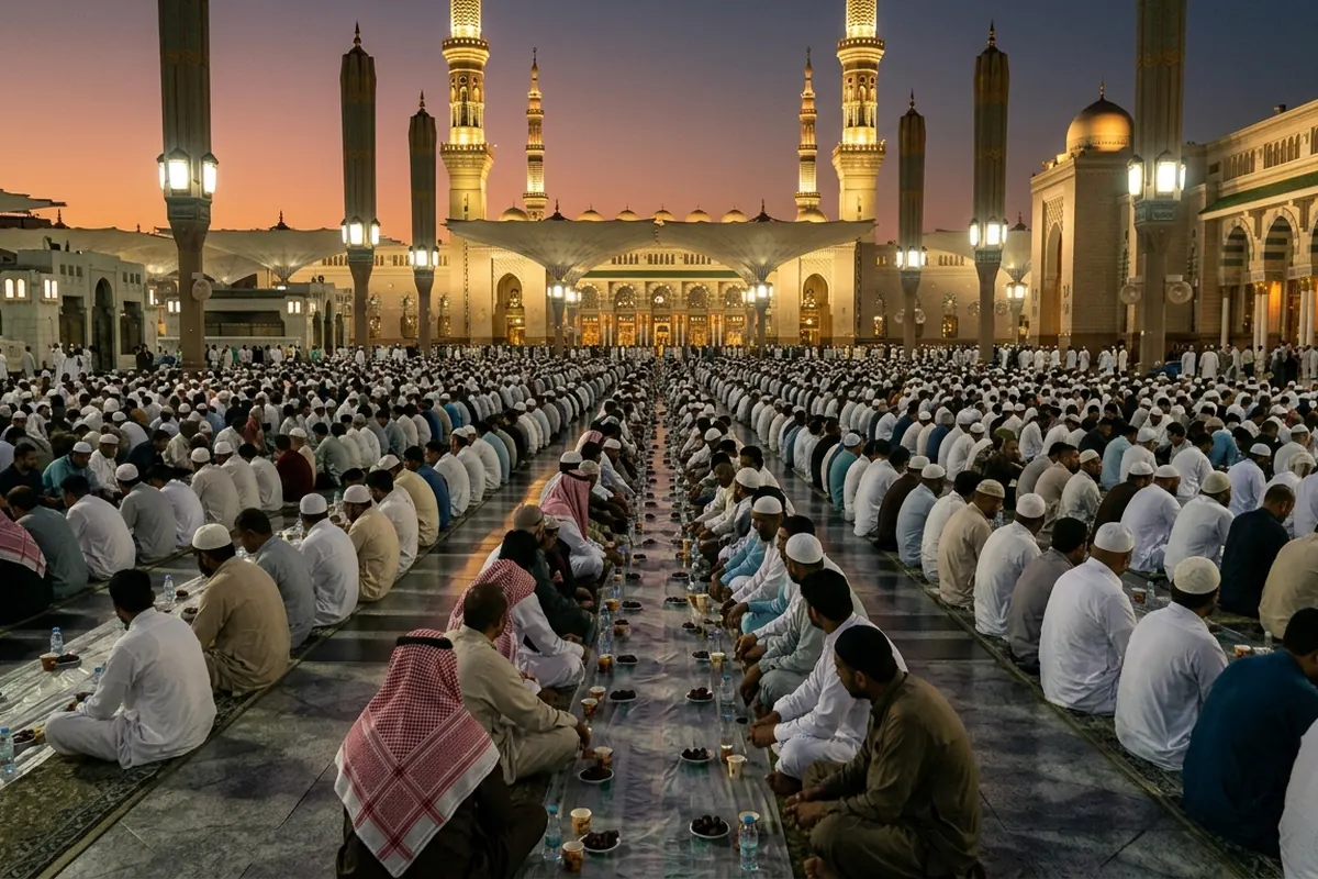 Worshippers waiting for iftar at Masjid an-Nabawi in Ramadan