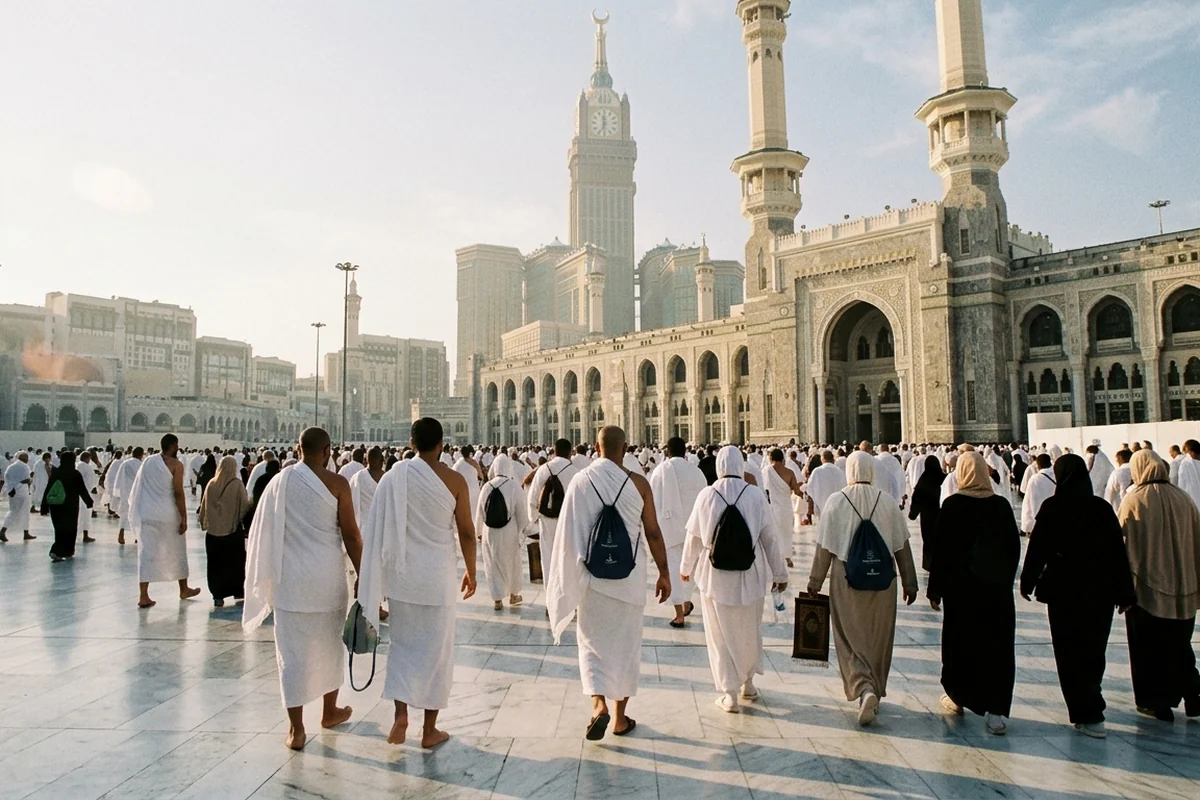 Pilgrims walking toward Masjid al-Haram with the clock tower behind