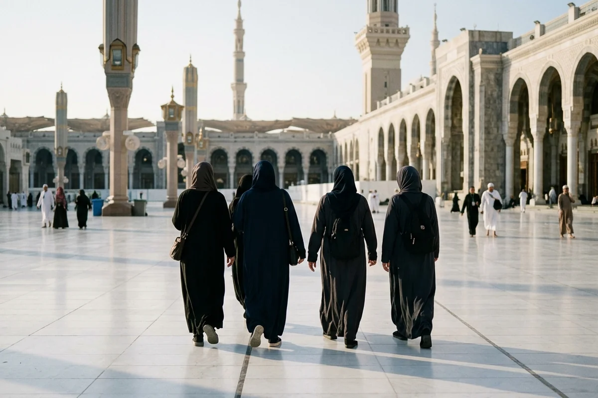 A group of women pilgrims walking across the courtyard of Masjid al-Haram