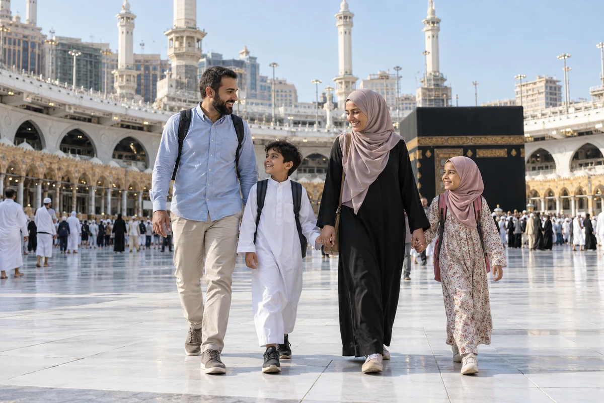 A family of four walking hand in hand across the courtyard of Masjid al-Haram, the Kaaba behind them