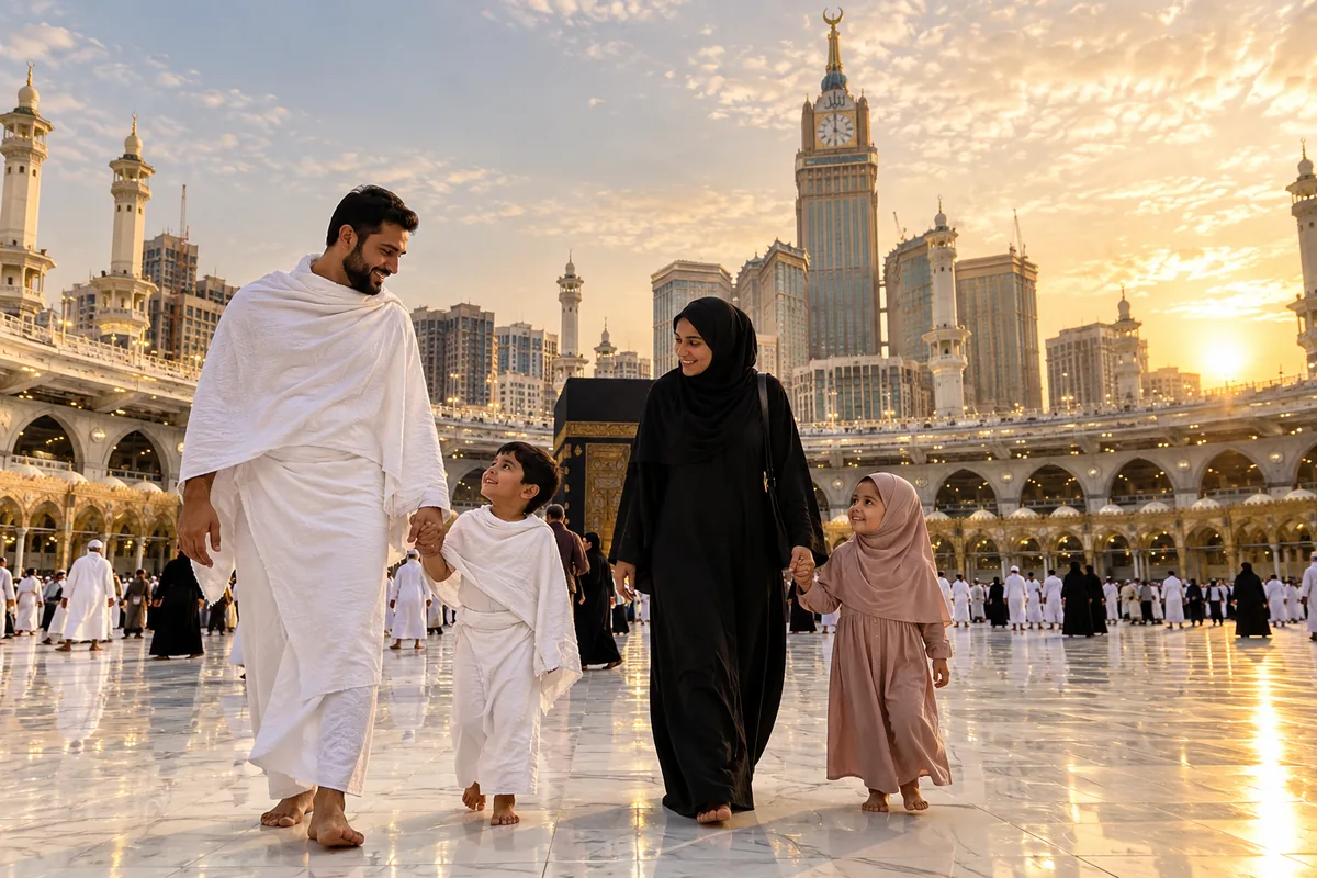 A family in ihram walking hand in hand at sunset, with the Kaaba and the Makkah Clock Tower behind them