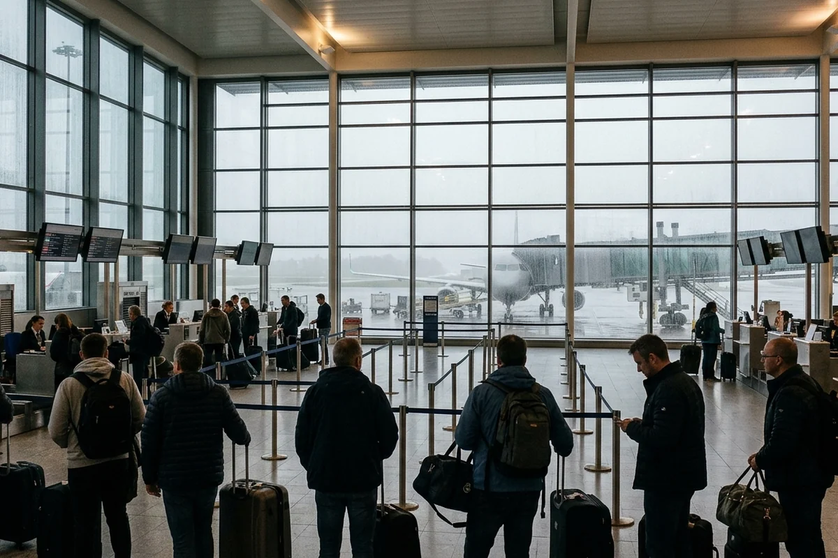 Travellers with suitcases and backpacks queuing in an airport terminal, seen from behind