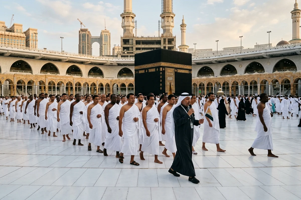 A line of pilgrims in ihram walking past the Kaaba in the courtyard of Masjid al-Haram