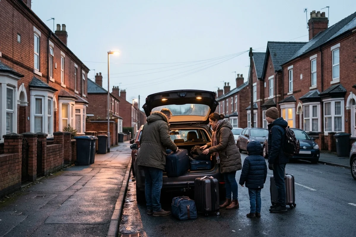 A family loading suitcases into a car boot on a street of terraced houses at dawn
