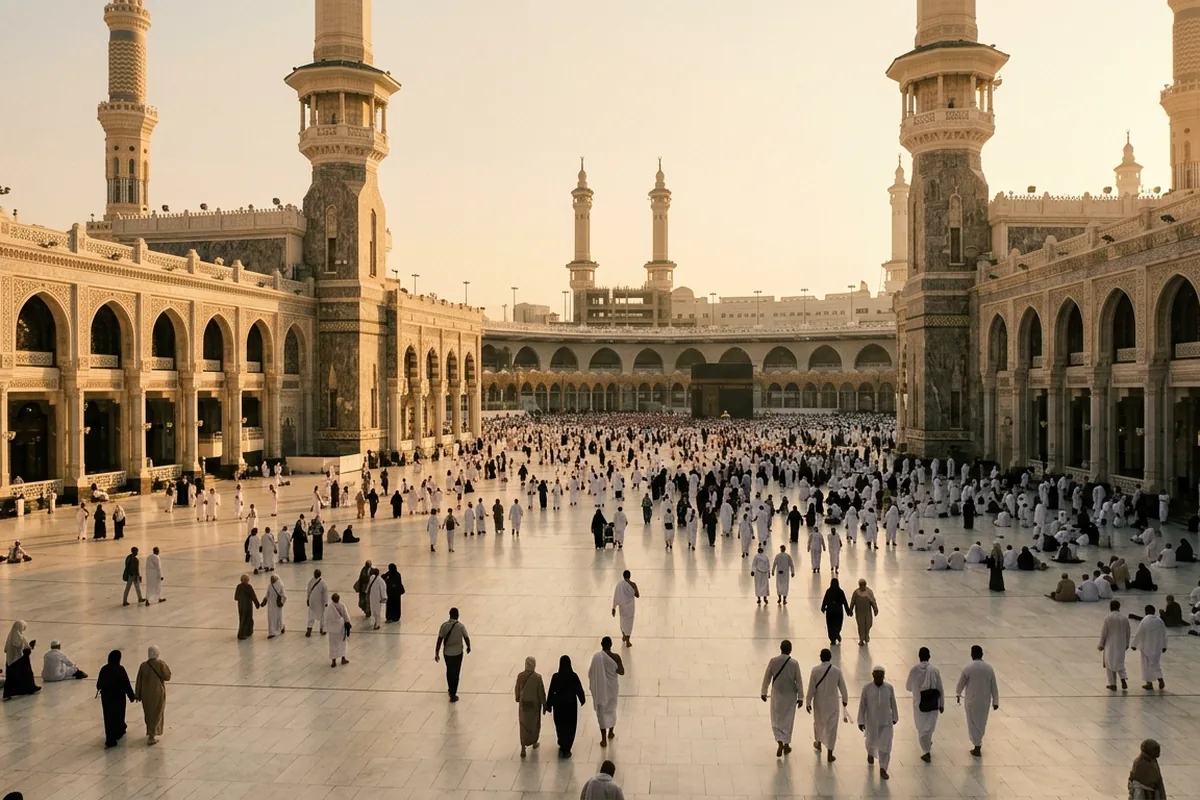 Worshippers crossing a wide mosque courtyard between arcades and minarets in warm evening light