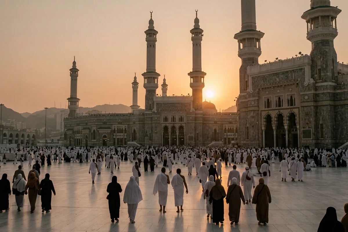 Worshippers walking towards a mosque with tall minarets, silhouetted against the setting sun
