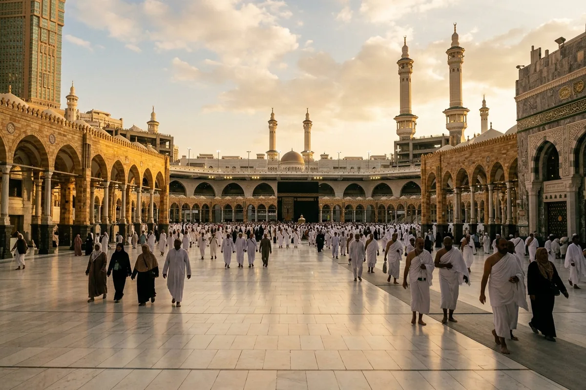 Pilgrims crossing a wide arcaded mosque courtyard as the sun sets behind the minarets