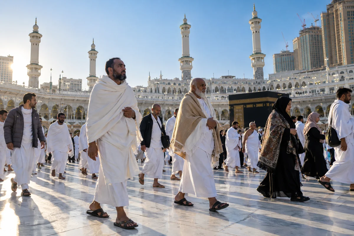 Pilgrims in white walking across the courtyard of Masjid al-Haram on a clear day, the Kaaba behind them