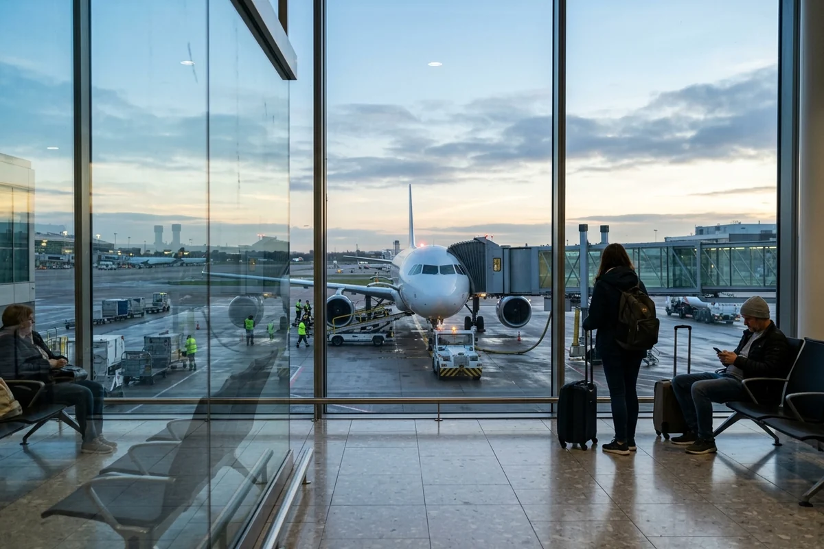 A traveller with a suitcase looking out at an aircraft from an airport terminal window at dusk