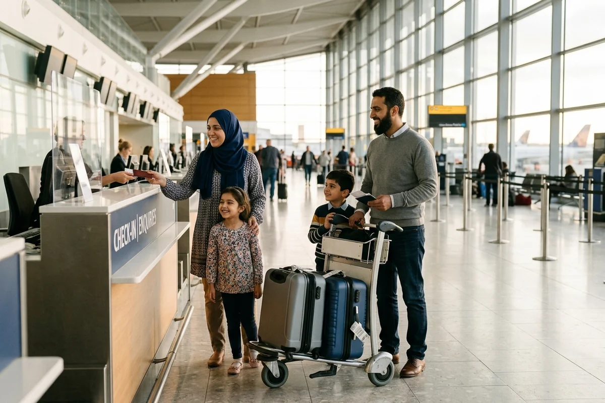 A family with a luggage trolley at an airport check-in desk