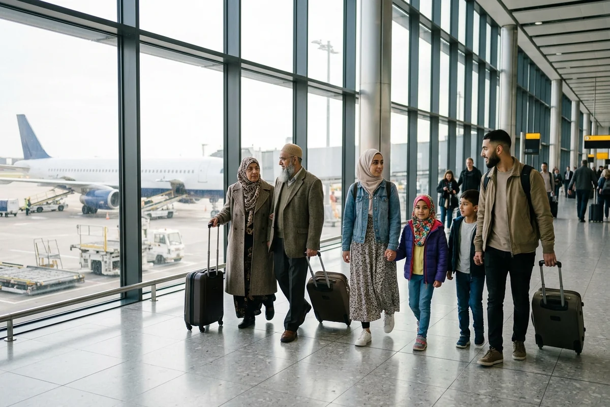 A family group with suitcases walking through an airport terminal, an aircraft visible through the windows