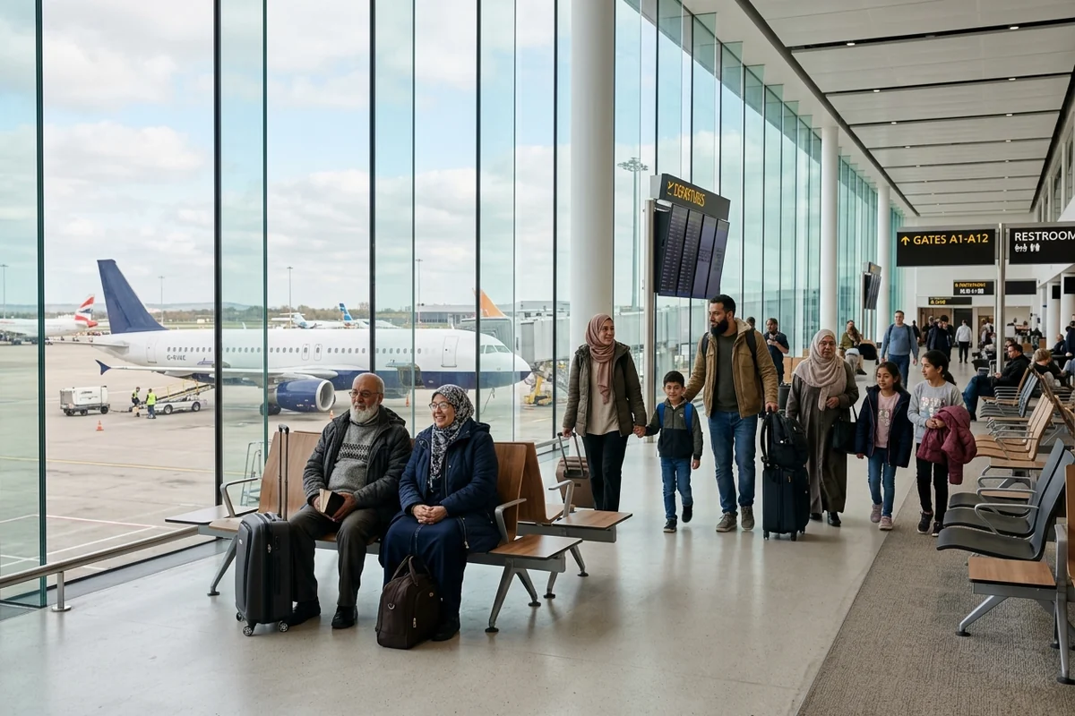 A family with suitcases waiting in an airport departure lounge, with aircraft parked outside the windows