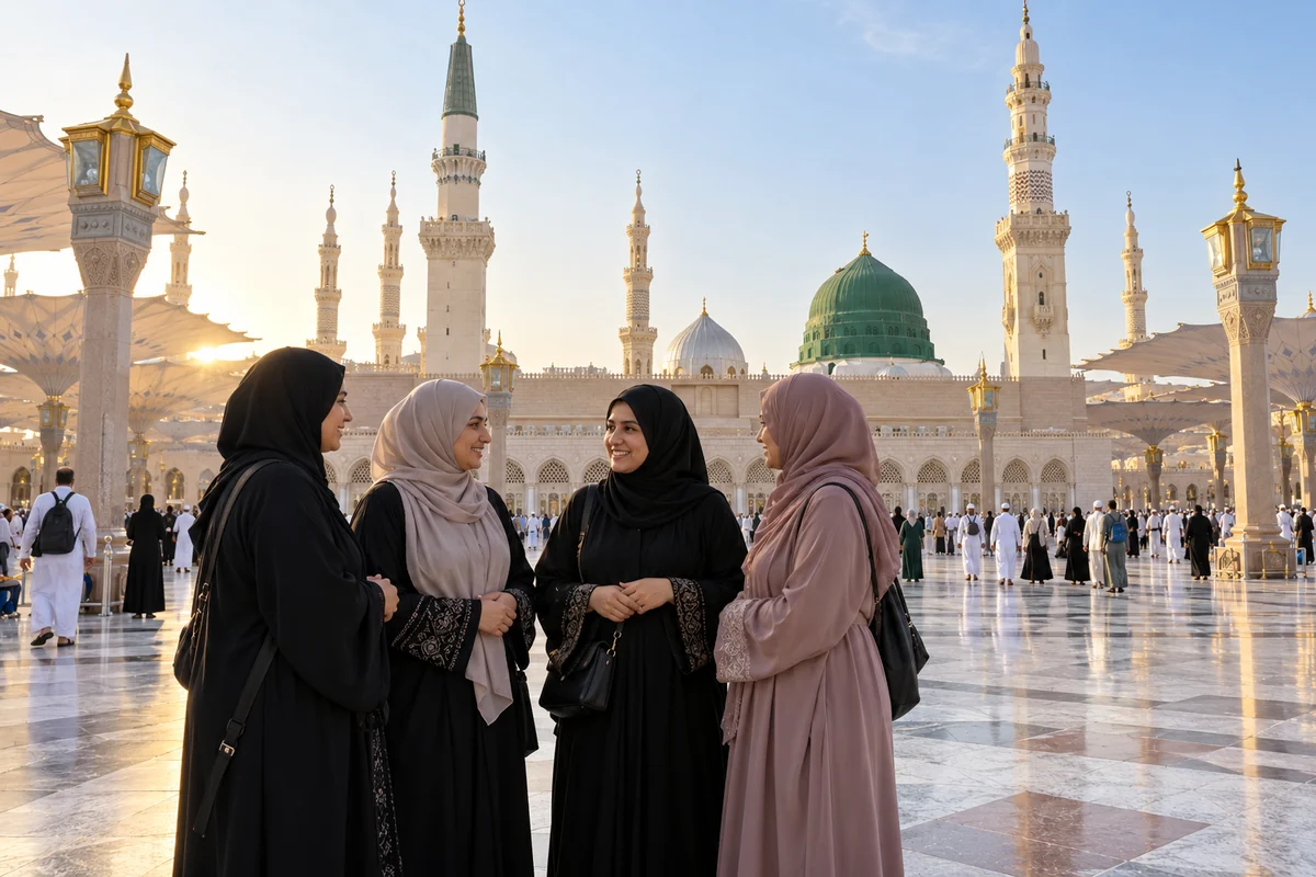 Four women in abayas and headscarves standing together in a mosque courtyard, the Green Dome behind them