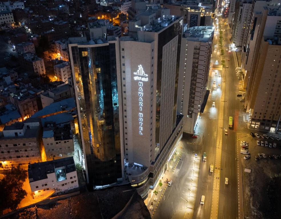 Nawazi Towers Hotel in Makkah at night, seen from above