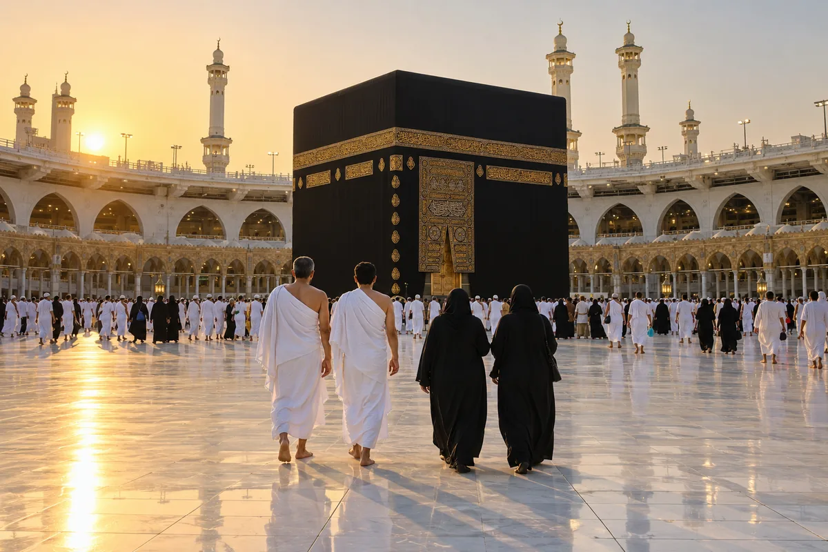 Four pilgrims walking towards the Kaaba at sunset, for the 25 November 2026 Umrah deal from Manchester