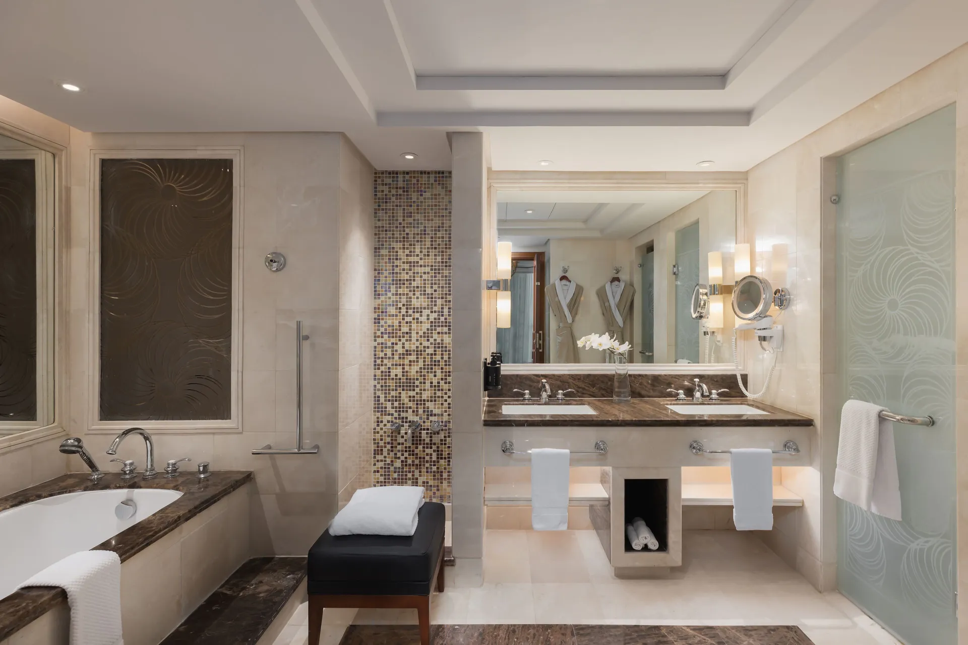 eco-friendly toiletries, hair dryer, Rainfall showerhead, bathrobes at Raffles Makkah Palace